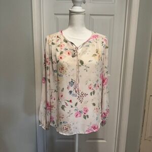 Violet + Claire Floral Blouse Long Sleeve Tie Neck‎ Pink Blue Women's